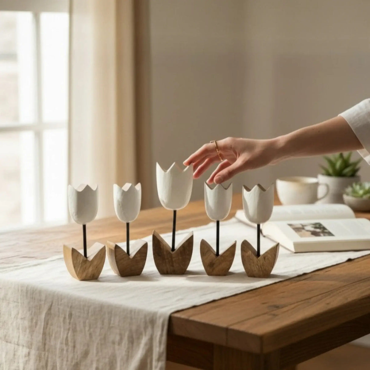 Holzblumen Dekoration aus Mangoholz 5er Set – Deko Blumen aus Holz 14–18 cm - Blumen