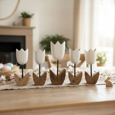 Holzblumen Dekoration aus Mangoholz 5er Set – Deko Blumen aus Holz 14–18 cm - Blumen