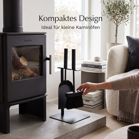Kleines Kaminbesteck Schwarz – Platzsparendes Kaminzubehör mit Schaufel & Feger | Metall | 35 cm - Kaminbesteck