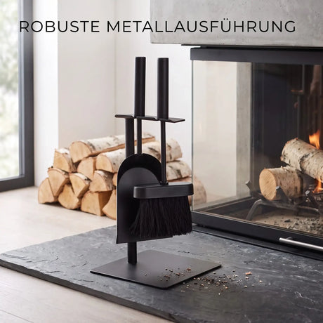 Kleines Kaminbesteck Schwarz – Platzsparendes Kaminzubehör mit Schaufel & Feger | Metall | 35 cm - Kaminbesteck