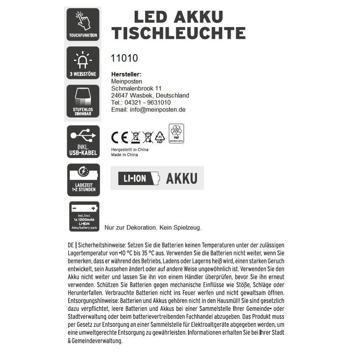Lampe LED ohne Kabel Touch Tischleuchte Tischlampe Leuchte kabellos dimmbar - Lampe