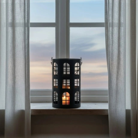 Laterne XXL Windlicht rund Haus schwarz weiß 40 cm Metall Kerzenhalter Industrial - Laterne Windlicht
