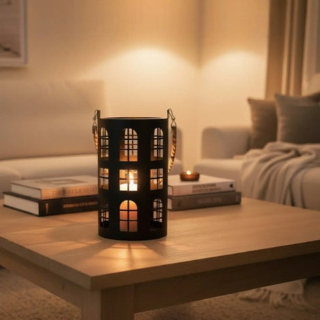 Laterne XXL Windlicht rund Haus schwarz weiß 40 cm Metall Kerzenhalter Industrial - Laterne Windlicht