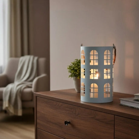 Laterne XXL Windlicht rund Haus schwarz weiß 40 cm Metall Kerzenhalter Industrial - Laterne Windlicht