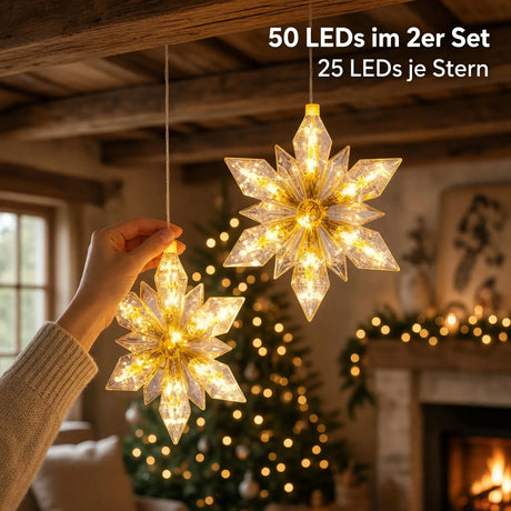 LED Weihnachtsstern 2er Set – 24 cm – warmweiß mit 6-Stunden-Timer batteriebetrieben - Lichterkette LED