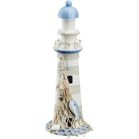 Leuchtturm Holz blau weiß Deko m. Muscheln & Netz Dekoration Strand Meer Maritim - Leuchtturm