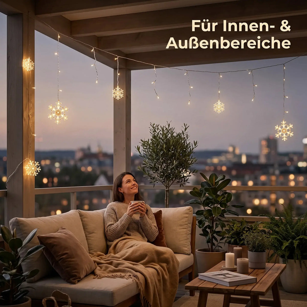 Lichterkette Lichtervorhang Schneeflocke LED Batterie Timer 210 cm Innen - außen - Lichterkette LED