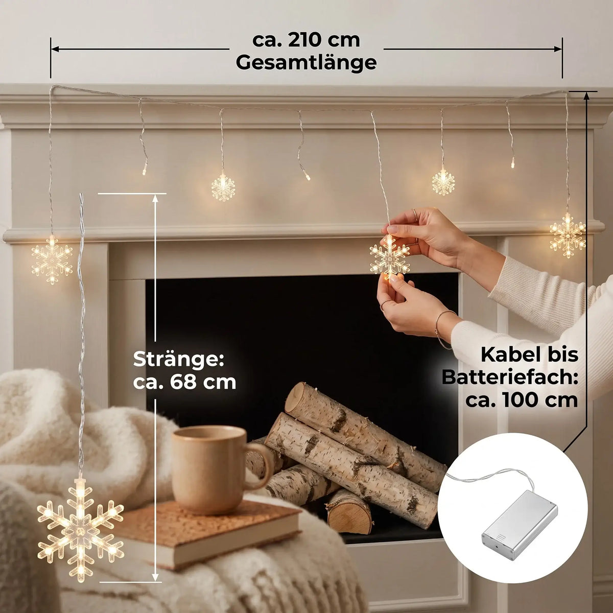 Lichterkette Lichtervorhang Schneeflocke LED Batterie Timer 210 cm Innen - außen - Lichterkette LED