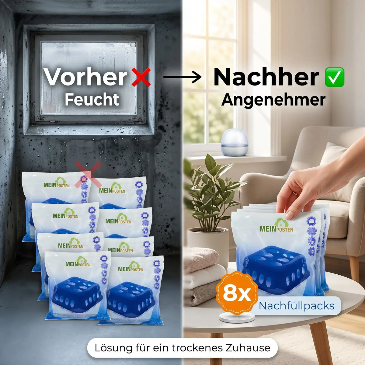 Luftentfeuchter Nachfüllpack 8 × 400 g – Granulat Nachfüllbeutel - Luftentfeuchter