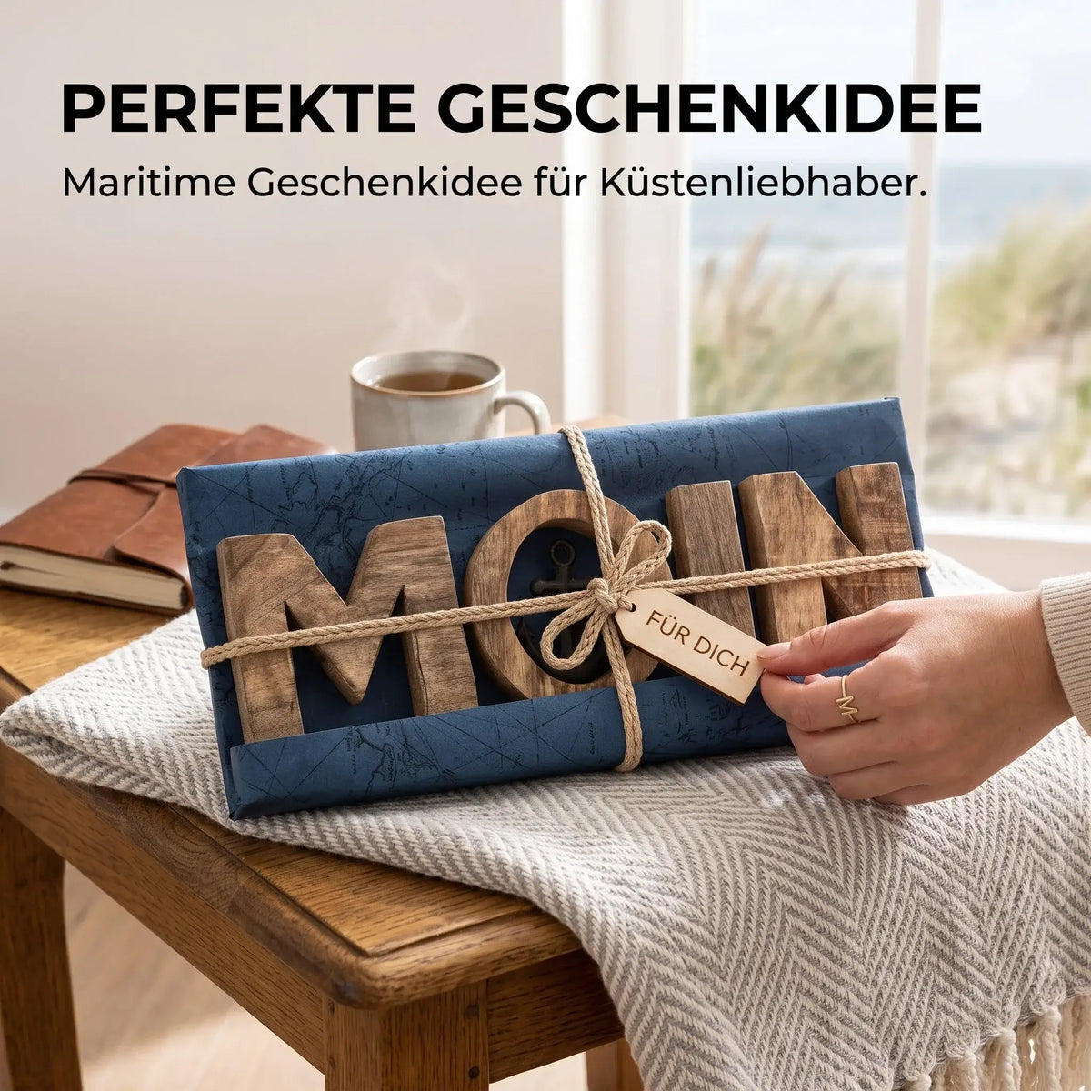 Moin Schriftzug 50 cm aus Mangoholz mit Anker – maritime Deko - Aufsteller
