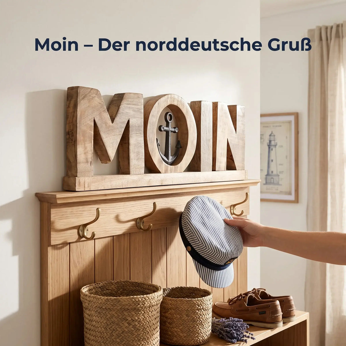 Moin Schriftzug 50 cm aus Mangoholz mit Anker – maritime Deko - Aufsteller