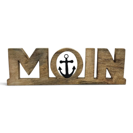 Moin Schriftzug 50 cm aus Mangoholz mit Anker – maritime Deko - Aufsteller