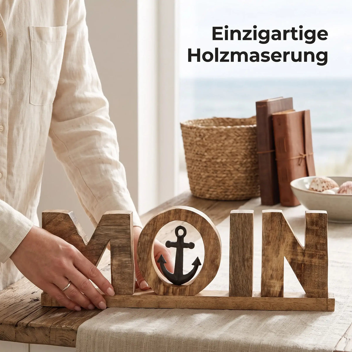 Moin Schriftzug 50 cm aus Mangoholz mit Anker – maritime Deko - Aufsteller