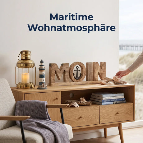 Moin Schriftzug 50 cm aus Mangoholz mit Anker – maritime Deko - Aufsteller