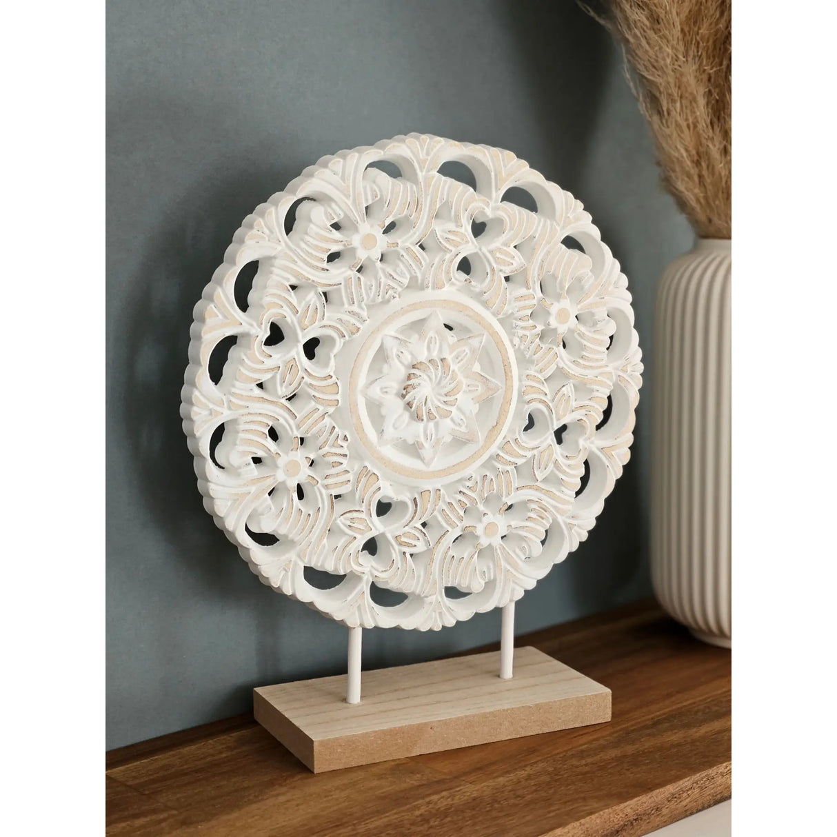 Ornament mit Sockel Aufsteller Holzbild Schabby Vintage Blumenmuster Rund Ø 23cm - Holz Ornament