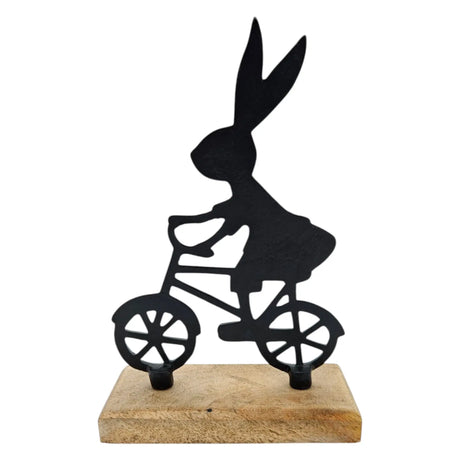 Osterhase schwarz mit Mangoholz Osterdekoration Hase Metallhase auf Fahrrad Riffelmacher - Osterhase