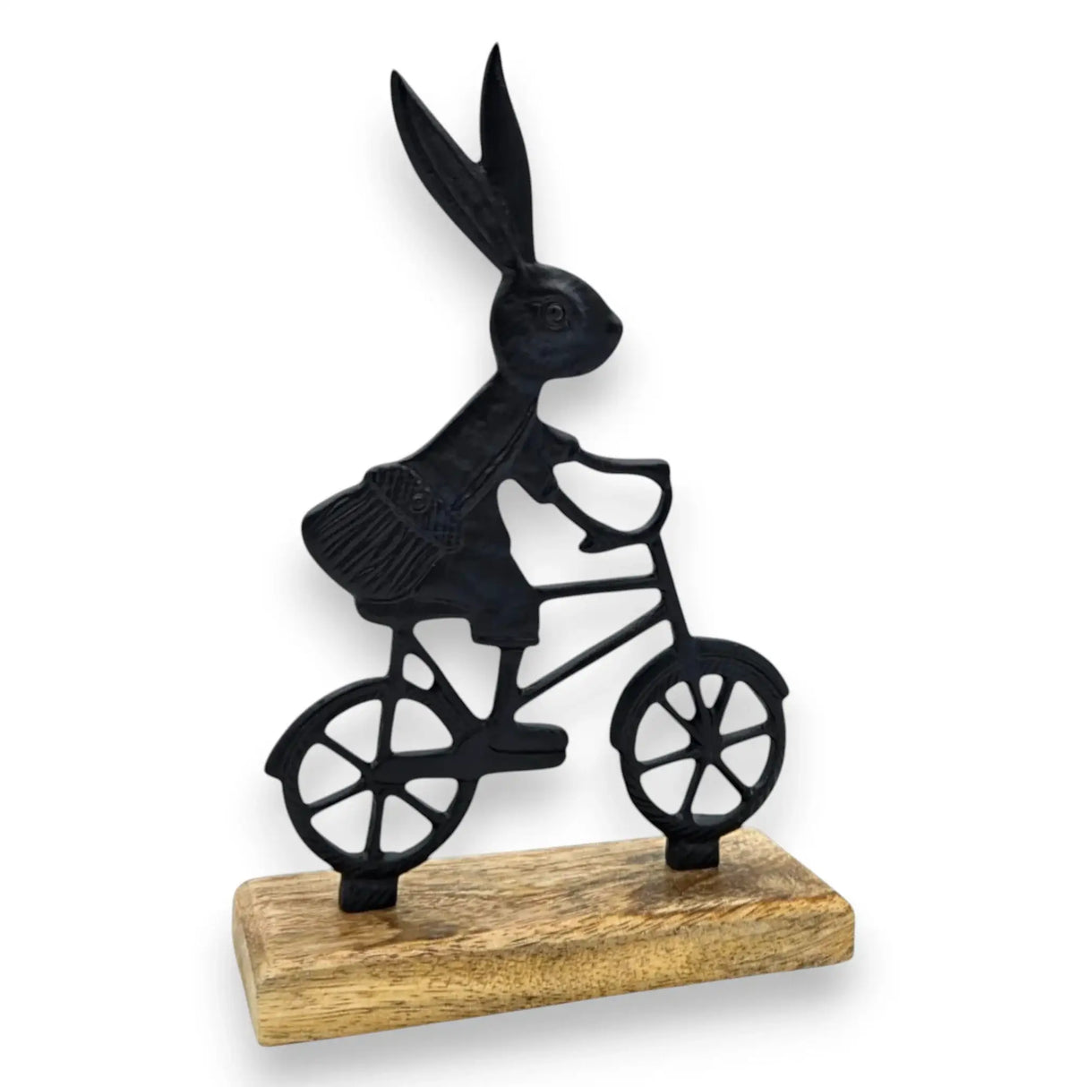 Osterhase schwarz mit Mangoholz Osterdekoration Hase Metallhase auf Fahrrad Riffelmacher - Osterhase