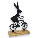 Osterhase schwarz mit Mangoholz Osterdekoration Hase Metallhase auf Fahrrad Riffelmacher - Osterhase
