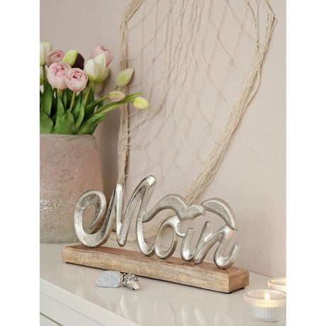 Schriftzug Moin Möwe Dekoschriftzug Mangoholz Schild Aluminium Holz Silber 33 cm - Schriftzug