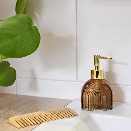 Seifenspender Retro braun beige gold Glas Pumpkopf Flüssigseifenspender 19 cm - Braun / Klein - Seifenspender