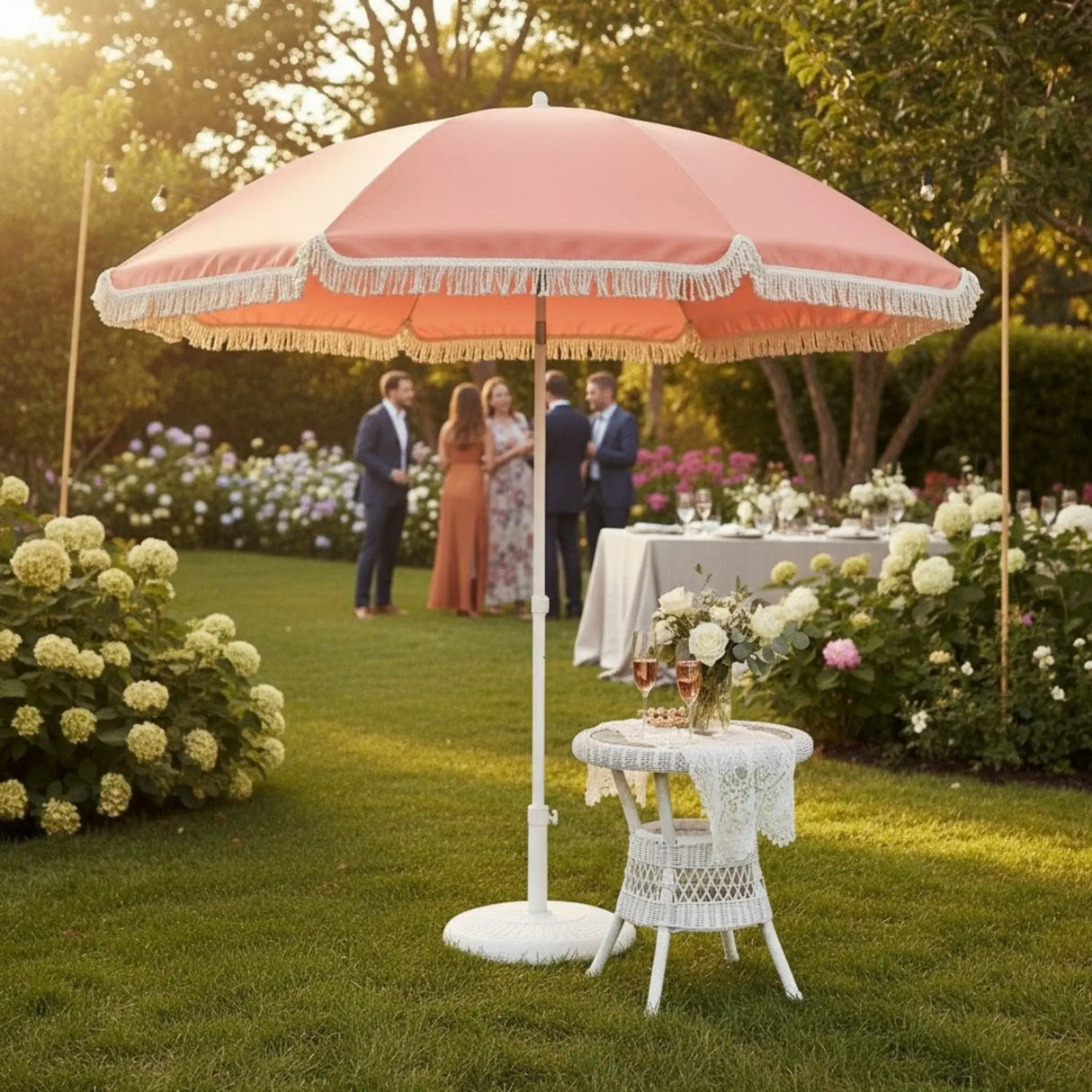 Sonnenschirm mit Fransen 155 cm Mediterran Koralle neigbar UV Schutz 30+ Tragetasche - Sonnenschirm