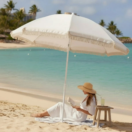 Sonnenschirm Strandschirm Balkon Gartenschirm creme Fransen Boho chic UV30+ 155cm - Sonnenschirm