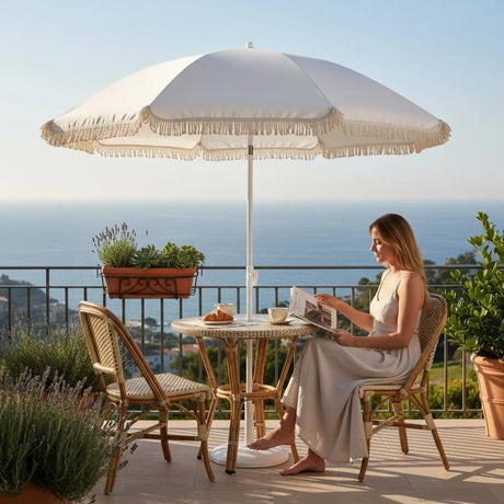 Sonnenschirm Strandschirm Balkon Gartenschirm creme Fransen Boho chic UV30+ 155cm - Sonnenschirm