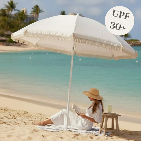 Sonnenschirm Strandschirm Balkon Gartenschirm creme Fransen Boho chic UV30+ 155cm - Sonnenschirm