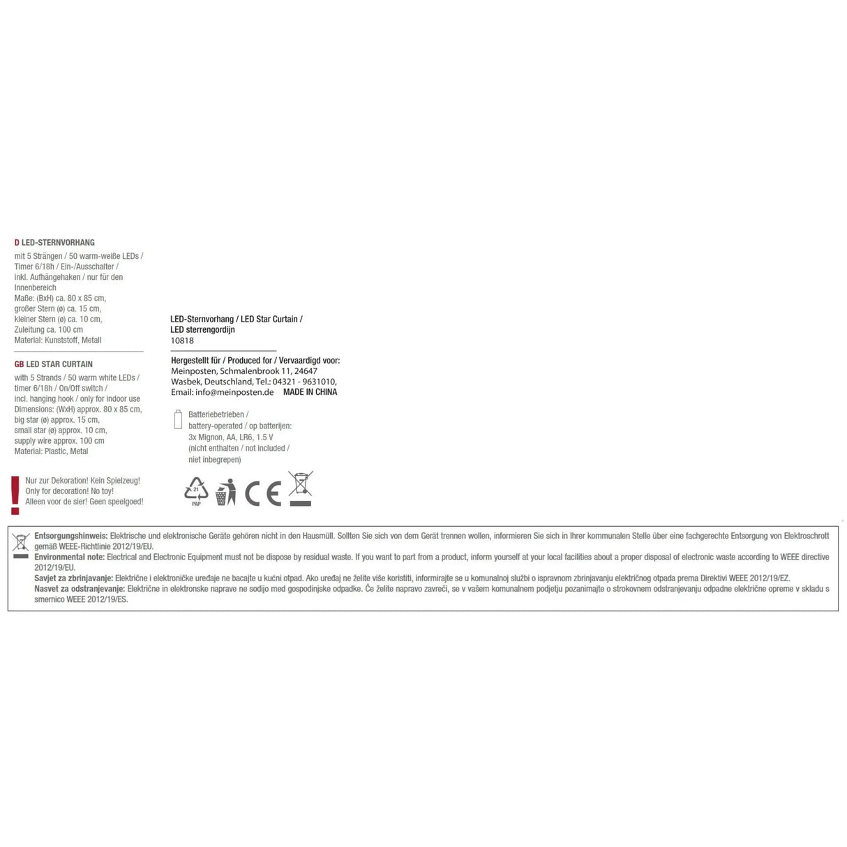Sternenvorhang Lichterkette LED Timer Batterie 80x85 cm - Lichterkette LED