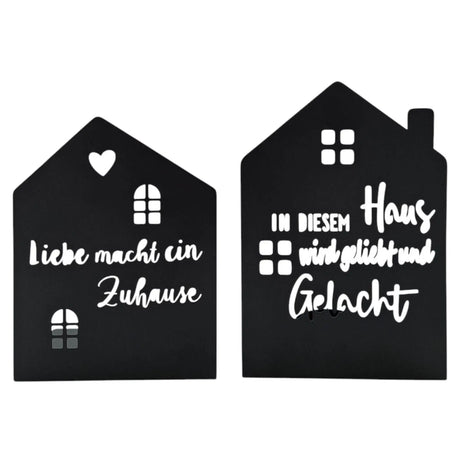 Teelichthalter Haus schwarz 2er Set Kerzenhalter Metall Zuhause Sprüche - Teelichthalter