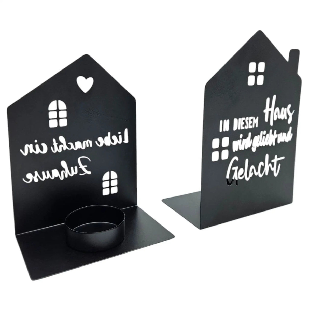 Teelichthalter Haus schwarz 2er Set Kerzenhalter Metall Zuhause Sprüche - Teelichthalter