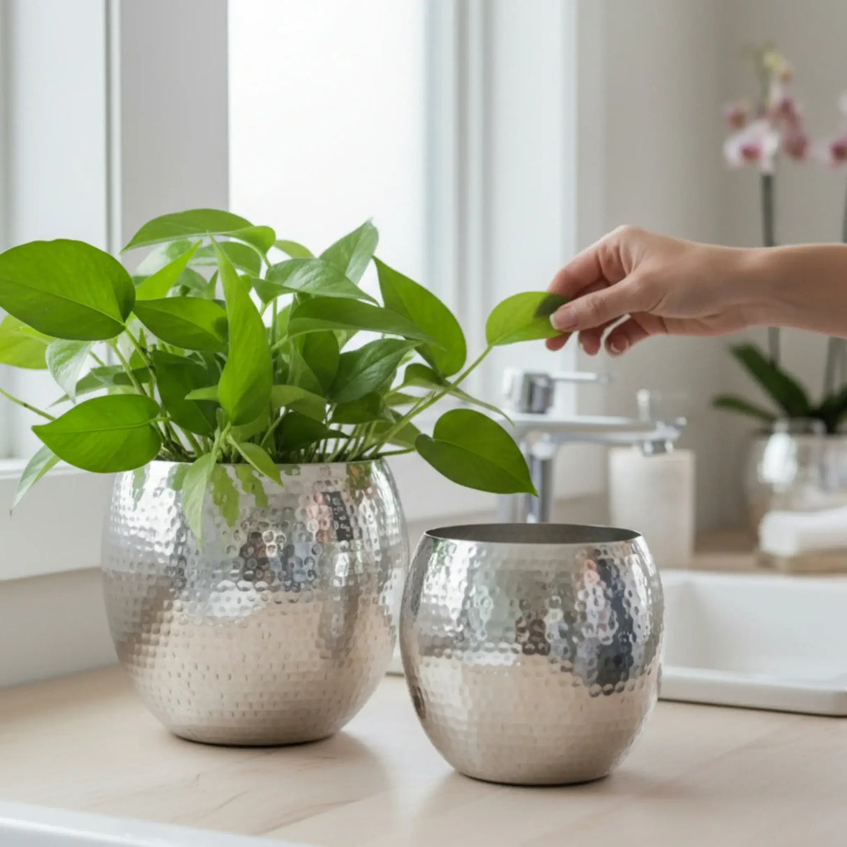 Übertopf Blumentopf Silber Pflanztopf Deko 2er Set glänzend rund Hammerschlag - Blumentopfset