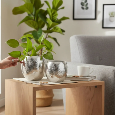 Übertopf Blumentopf Silber Pflanztopf Deko 2er Set glänzend rund Hammerschlag - Blumentopfset
